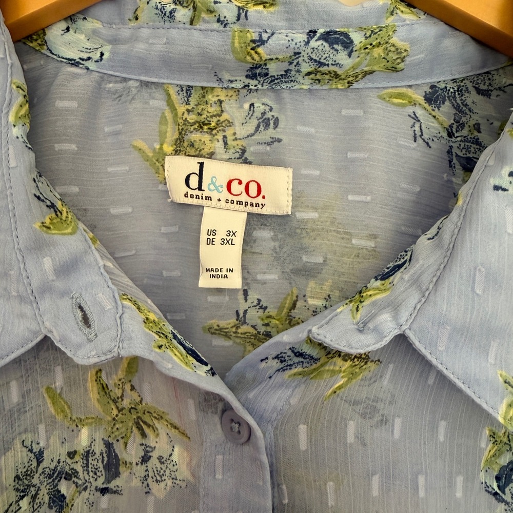 Denim & Co. Floral Button Front Blouse Women 3X Blue Sheer Clip Dot Long Sleeve - Picture 3 of 5
